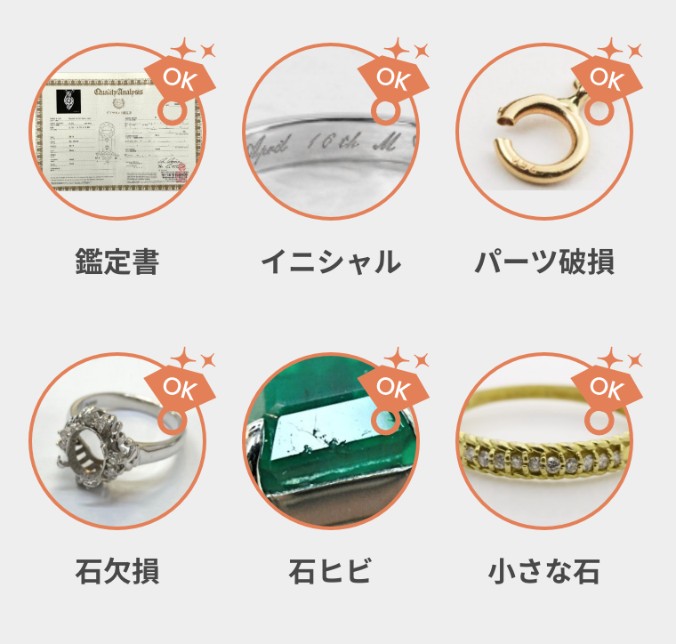 石の欠損・石のひび欠け・小さい石・鑑定書・鑑別所なし・イニシャル・刻印・パーツ破損
