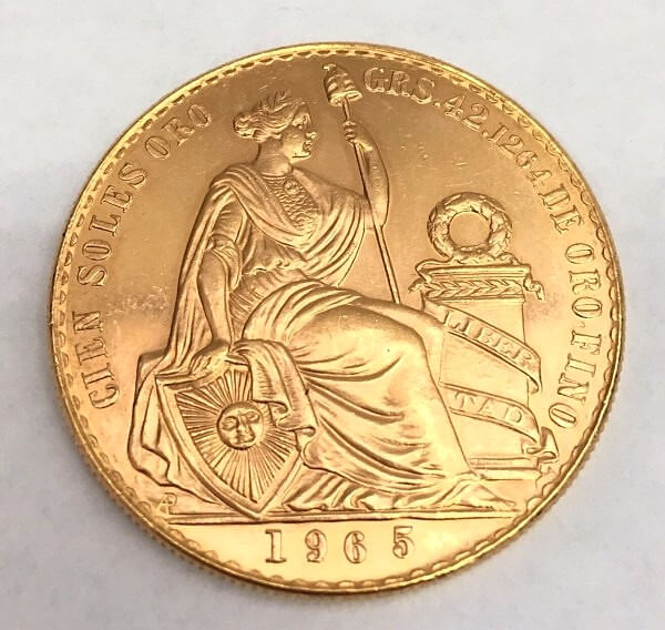 21.6金(K21.6) ペルー 座像の女神 100ソル金貨 1965年